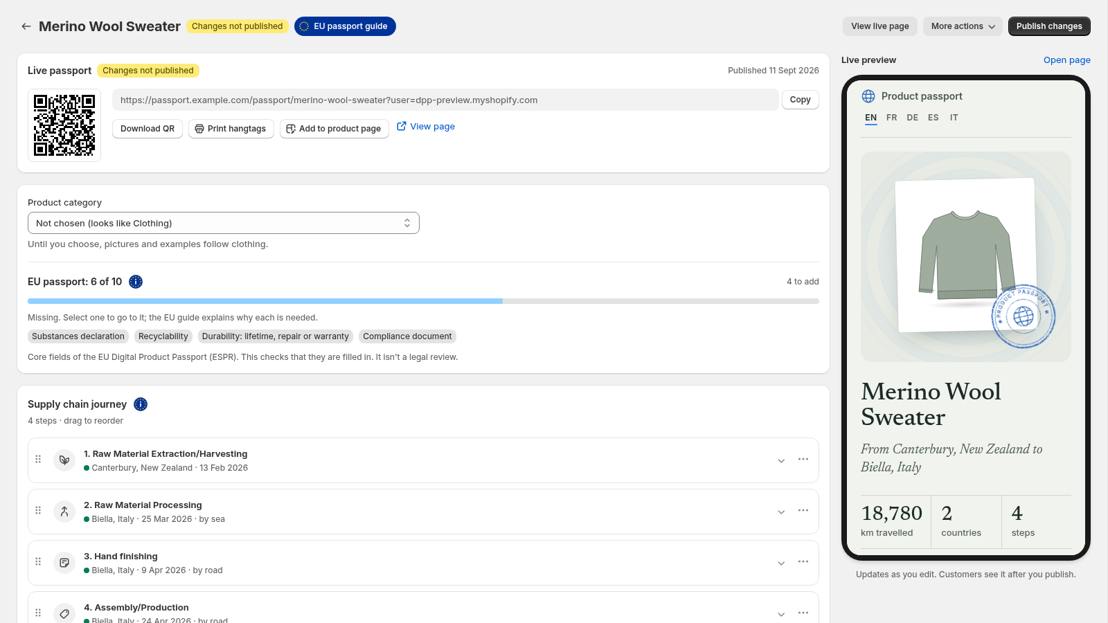 Passport editor with the EU meter at 6 of 10 and the four missing fields listed