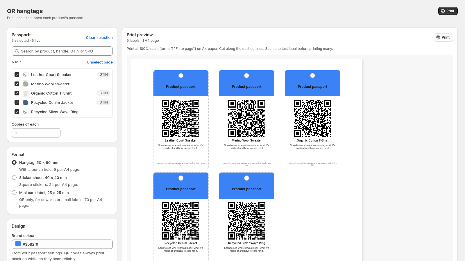 Print preview of QR hangtags on an A4 page